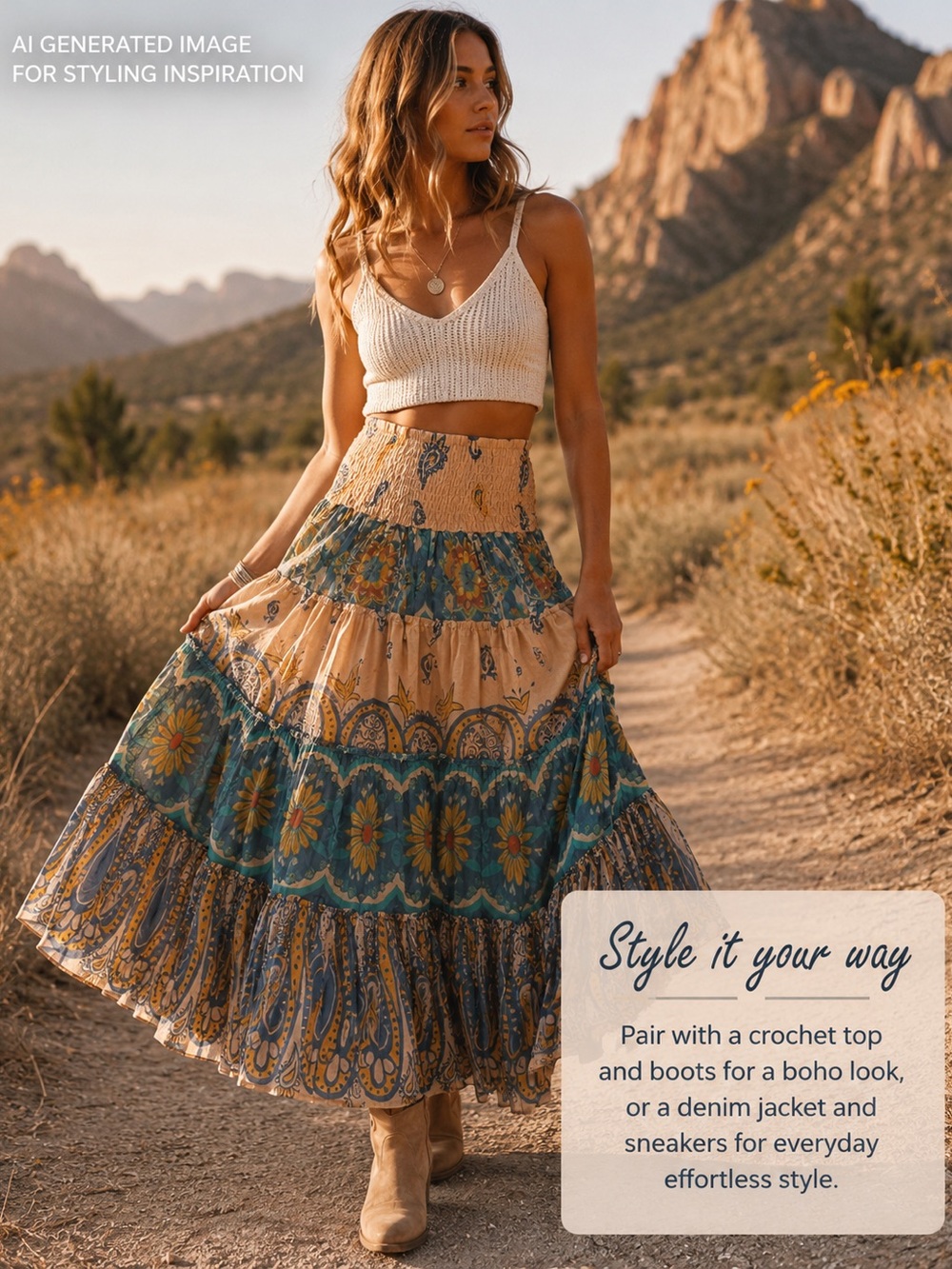 NWT Free People Super Thrills Convertible Maxi Skirt Blue Sky Combo Boho - Picture 4 of 9